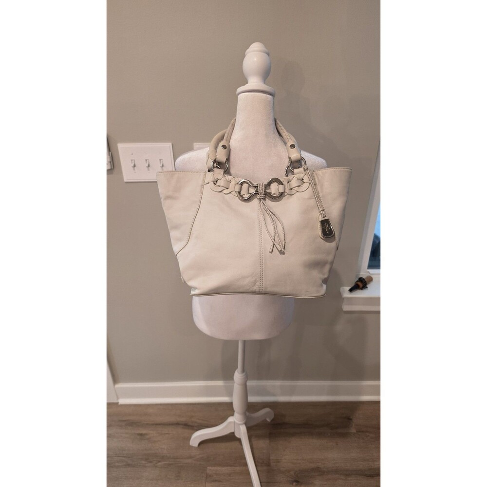 Cole Haan Ivory Pebble Leather Tote Bag Braided Trim Silver Hardware Needs Clean